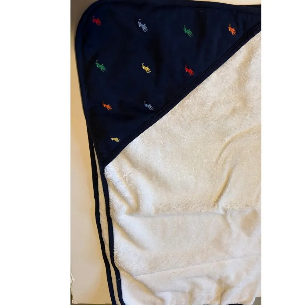 Ralph Lauren Terry Cotton Hooded Towel Baby Bath Polo Logo Blue White